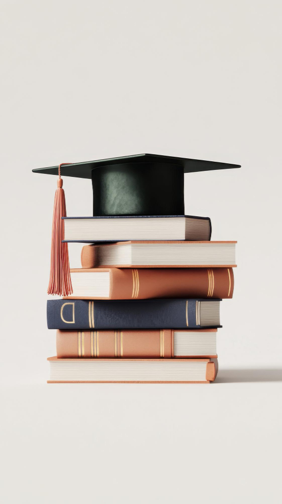 A neatly arranged stack of textbooks topped with a graduation cap